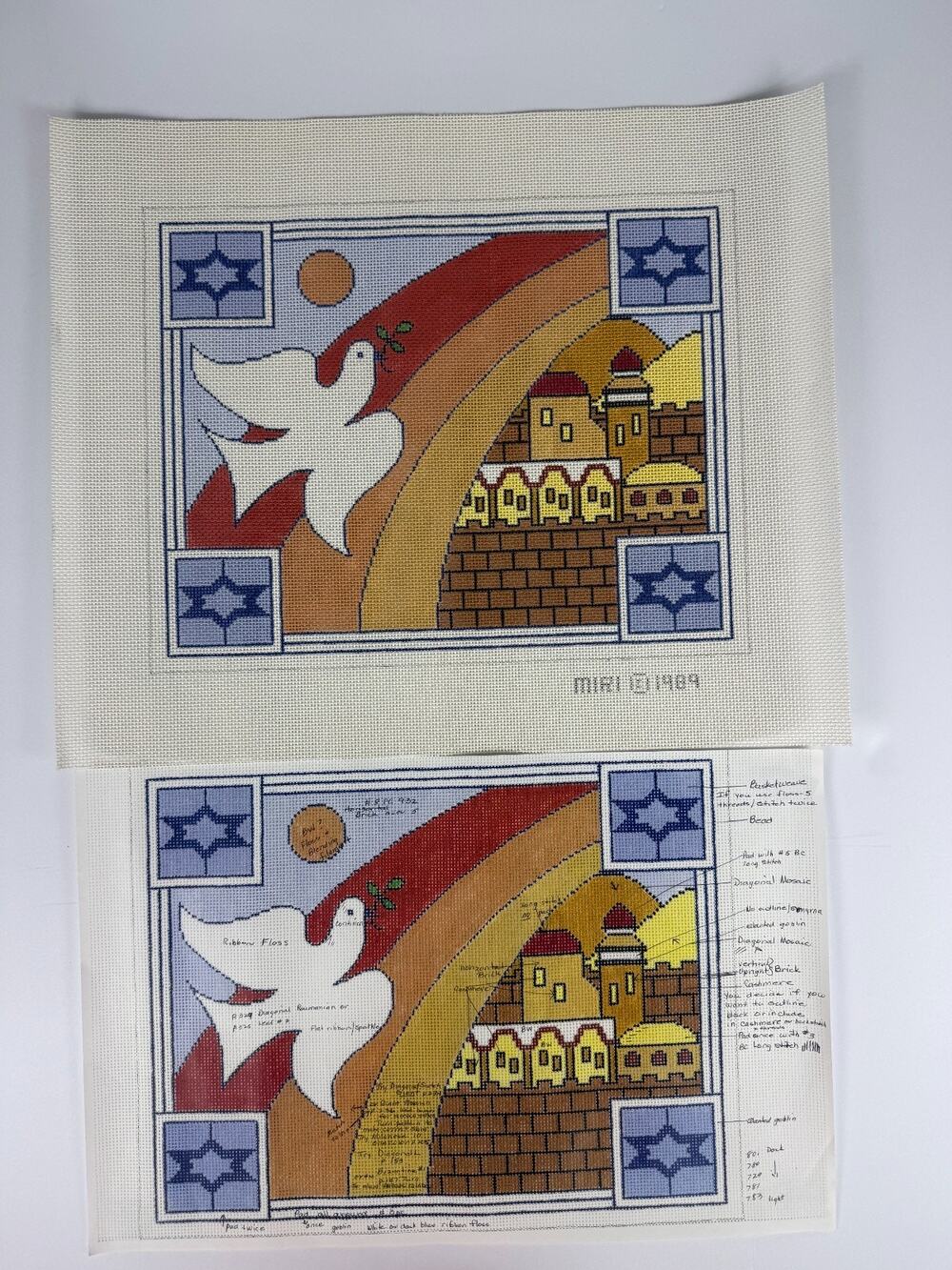 Vintage 1989 MIRI Hand Painted Needlepoint Canvas Judaica Jerusalem Dove
